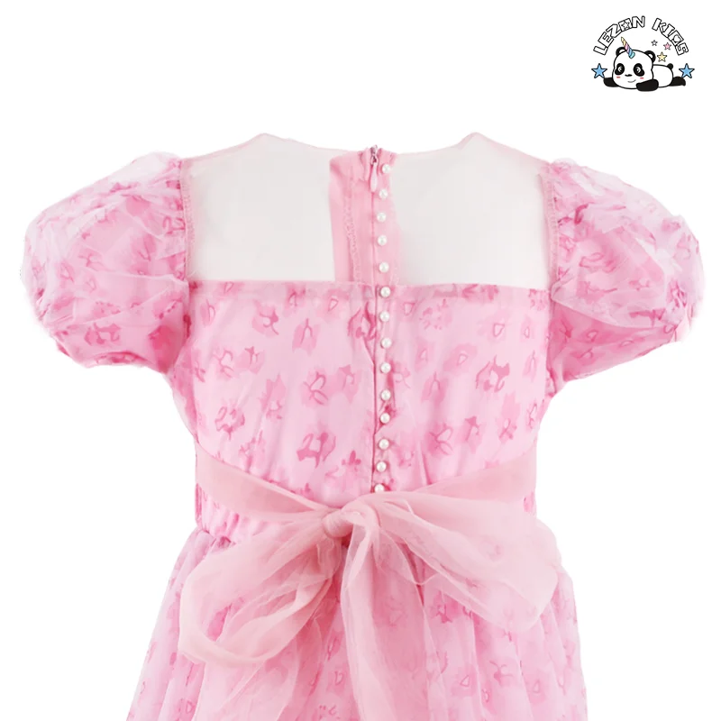 LEZONKIDS - Atacado de Novos Produtos Vestido de Princesinha Doce Personalizado com Manga de Tule e Pérola para Menina
